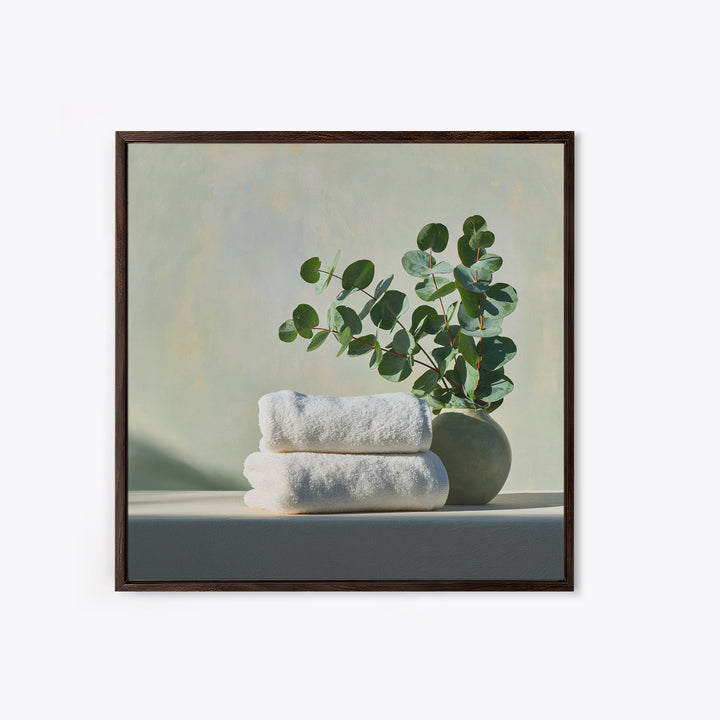 White Towels and Eucalyptus Without Room Context Framed Canvas Print, Spa Art, Wall Art Print, Spa Decor, Fine Art, Serenity, SPA-1x1-96