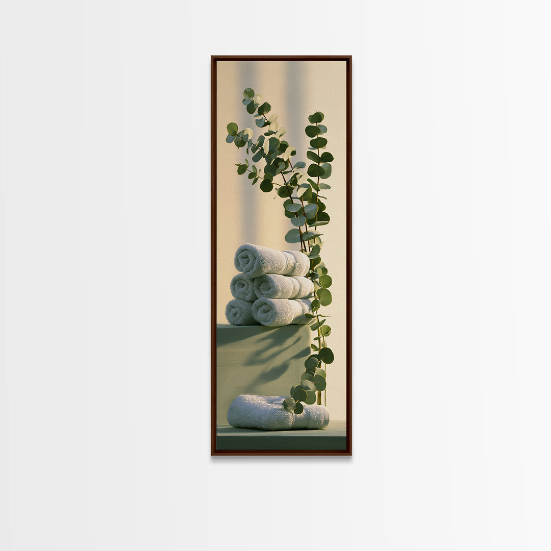 White Towels and Eucalyptus Without Room Context Canvas Print, Spa Art, Wall Art, Spa Decor, Oil Painting, Serenity, SPA-1x3-12