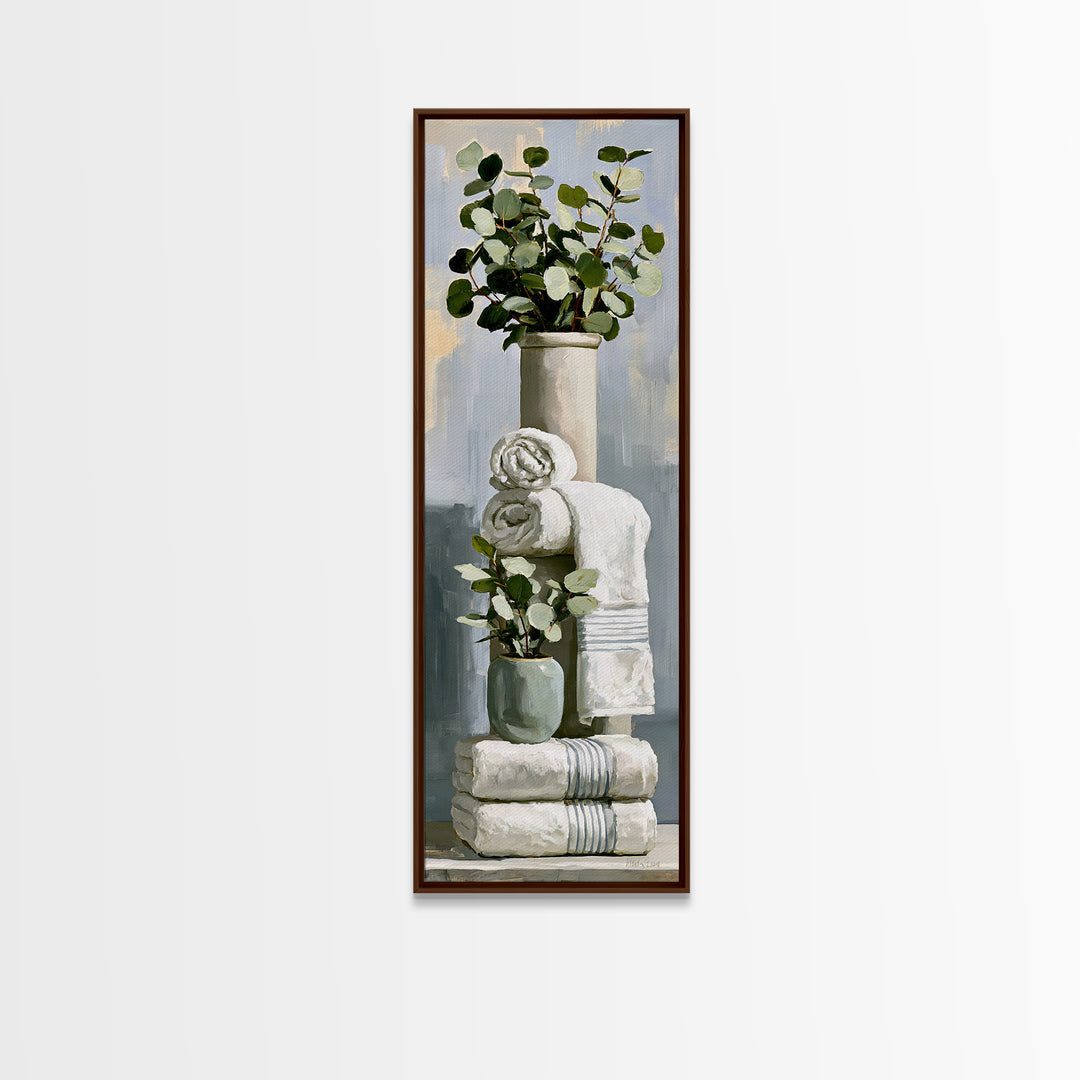 White Towels and Eucalyptus Without Room Context Framed Canvas Print, Spa Art, Wall Art Print, Spa Decor, Fine Art, Serenity, SPA-1x3-36