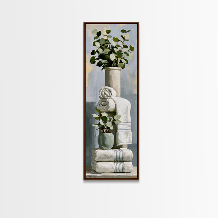 White Towels and Eucalyptus Without Room Context Framed Canvas Print, Spa Art, Wall Art Print, Spa Decor, Fine Art, Serenity, SPA-1x3-36