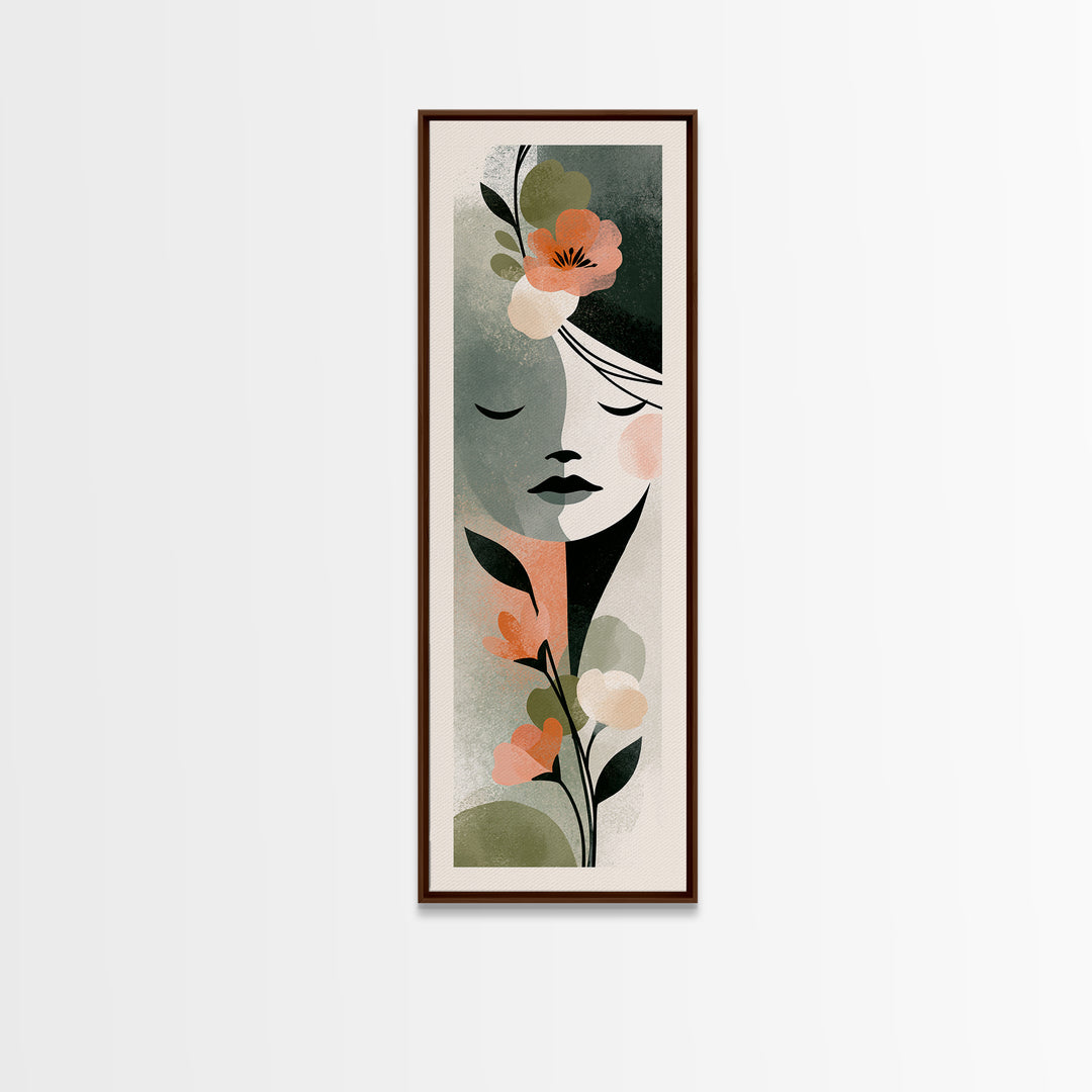 Minimal Face with Closed Eyes and Flowers Framed Canvas Print, Spa Art, Esthetician Decor, Spa Decor, Oil Painting, Serenity, SPA-1x3-79