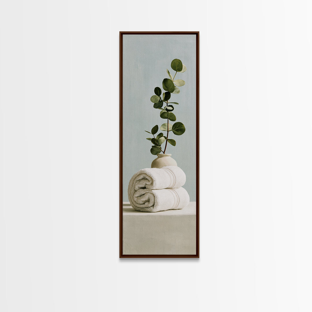 White Towels and Eucalyptus Without Room Context Framed Canvas Print, Spa Art, Fine Art Photography, Spa Decor, Serenity, SPA-1x3-84
