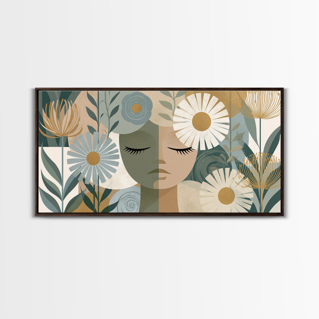 Minimal Face with Closed Eyes and Flowers Framed Canvas Print, Spa Art, Home Decor, Spa Decor, Fine Art, Serenity, Dog Wall Art, SPA-2x1-15