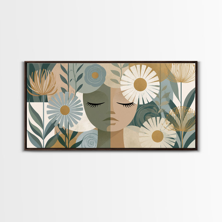 Minimal Face with Closed Eyes and Flowers Framed Canvas Print, Spa Art, Home Decor, Spa Decor, Fine Art, Serenity, Dog Wall Art, SPA-2x1-15