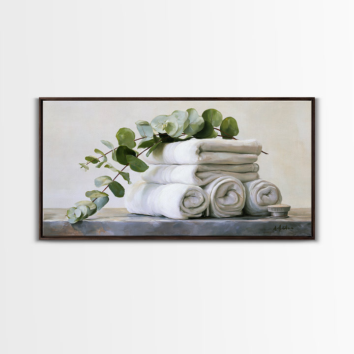 White Towels and Eucalyptus Without Room Context Framed Canvas Print, Spa Art, Statement Artwork, Spa Decor, Fine Art, Serenity, SPA-2x1-20