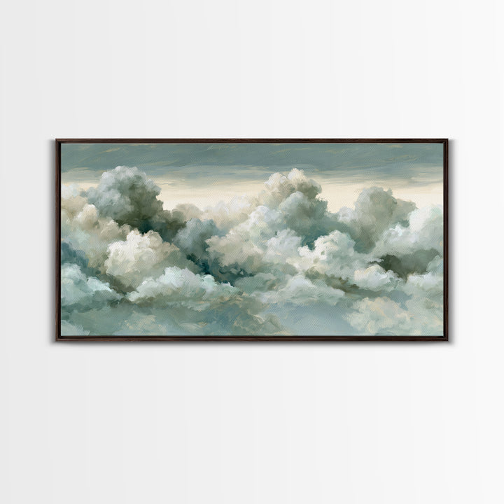 Soft Cloudscape in Cream and Sage Framed Canvas Print, Spa Art, Printable Wall Art, Spa Decor, Serenity, Feminine Wall Art, SPA-2x1-33