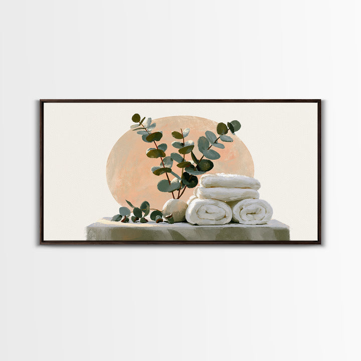 White Towels and Eucalyptus Without Room Context Canvas Print, Spa Art, Textured Painting, Spa Decor, Abstract Art, Serenity, SPA-2x1-44