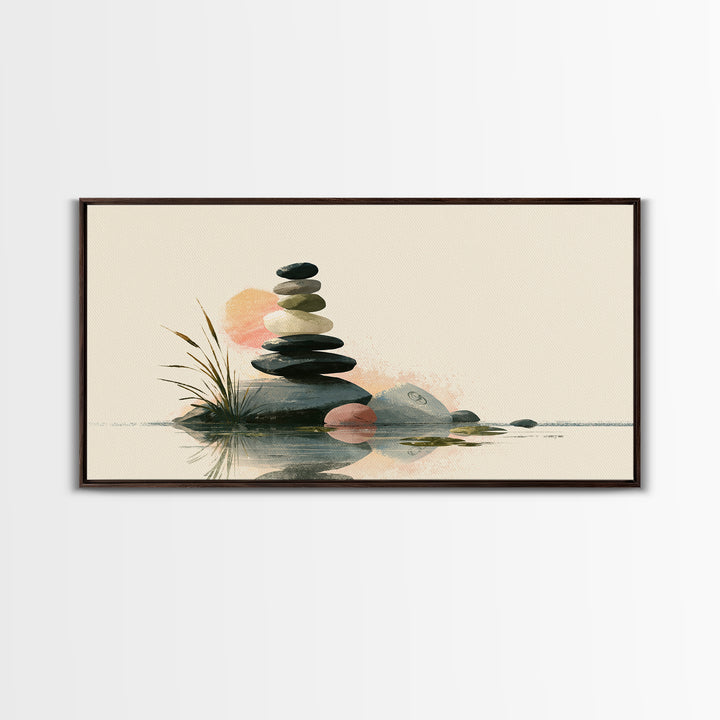 Stacked Stones Beside Calm Water Framed Canvas Print, Spa Art, Spa, Spa Decor, Fine Art, Serenity, Teen Girl Room Decor, SPA-2x1-45