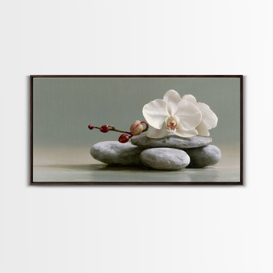 White Orchid on Smooth Gray Stone Framed Canvas Print, Spa Art, Art, Spa Decor, Serenity, Abstract Print, Minimalist Art, SPA-2x1-46