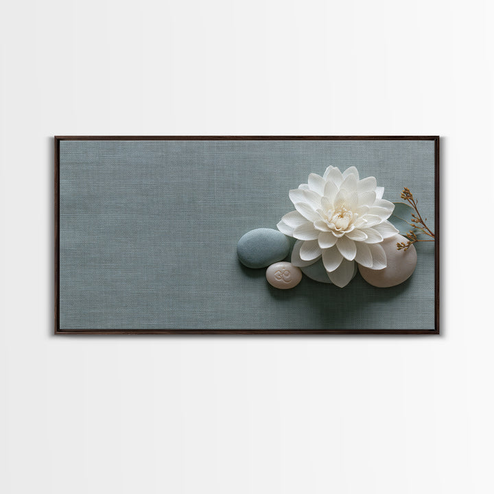 Single White Flower on Linen Ground Canvas Print, Spa Art, Abstract, Spa Decor, Fine Art, Serenity, City Art, Spa Wall Art, SPA-2x1-61
