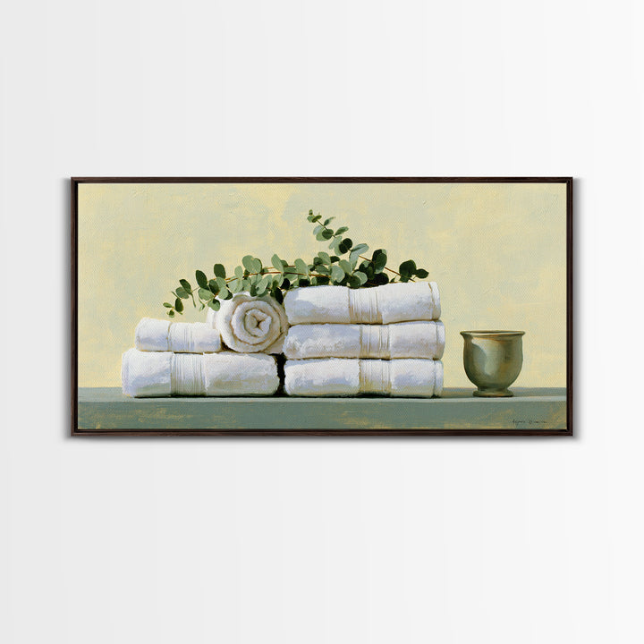 White Towels and Eucalyptus Without Room Context Canvas Print, Spa Art, Nature Prints, Spa Decor, Watercolor Art, Serenity, SPA-2x1-68