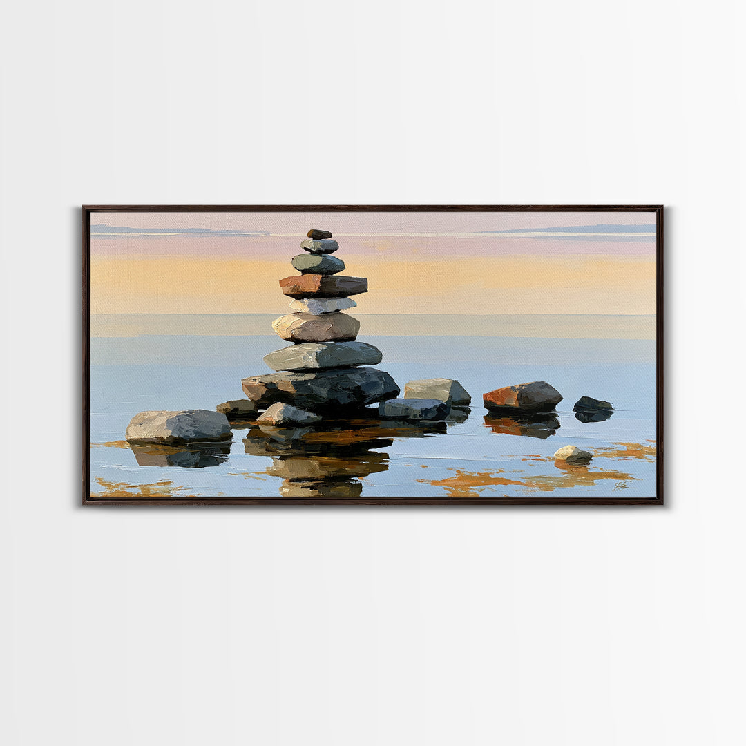 Stacked Stones Beside Calm Water Canvas Print, Spa Art, Animal Art, Spa Decor, Fine Art, Serenity, Gallery Decor, Neutral Decor, SPA-2x1-69