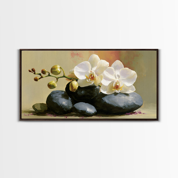White Orchid on Smooth Gray Stone Canvas Print, Spa Art, Botanical Art, Spa Decor, Fine Art, Serenity, Fashion Wall Art, SPA-2x1-70