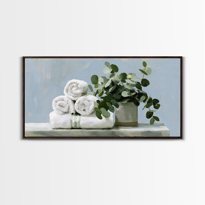 White Towels and Eucalyptus Without Room Context Framed Canvas Print, Spa Art, Abstract Print, Spa Decor, Oil Painting, SPA-2x1-92