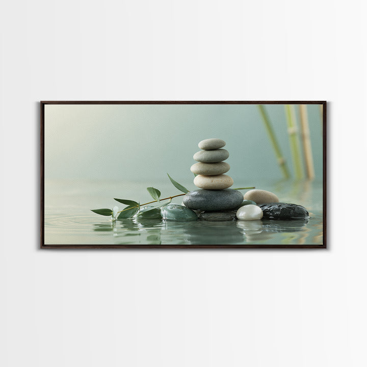 Stacked Stones Beside Calm Water Canvas Print, Spa Art, Animal Art, Spa Decor, Fine Art, Serenity, Gallery Decor, Neutral Decor, SPA-2x1-93