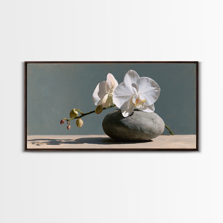 White Orchid on Smooth Gray Stone Canvas Print, Spa Art, Botanical Art, Spa Decor, Fine Art, Serenity, Fashion Wall Art, SPA-2x1-94