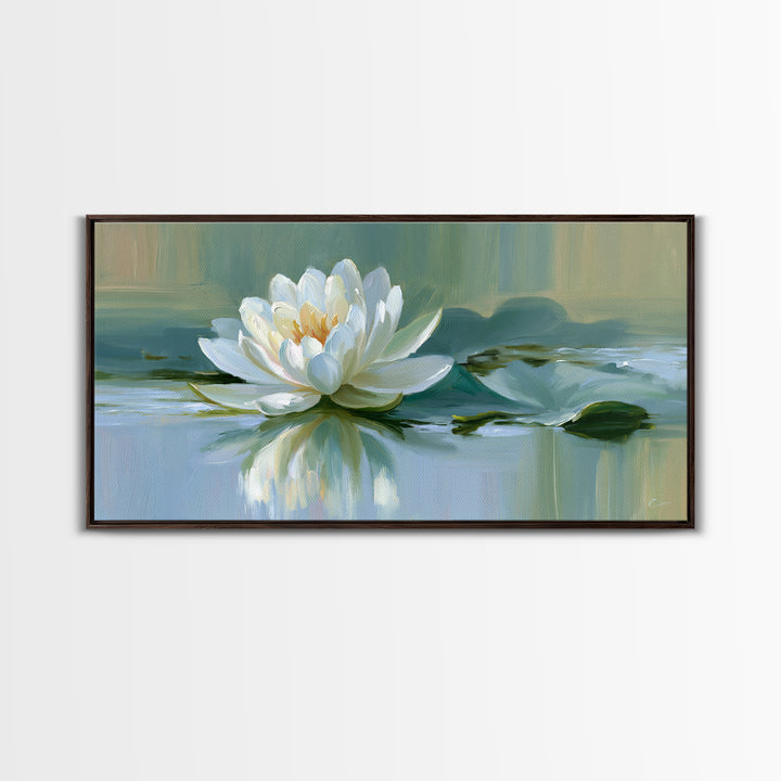 Lotus Flower Floating on Still Pond Framed Canvas Print, Spa Art, Dog Groomer Gifts, Spa Decor, Serenity, Fine Art Print, SPA-2x1-96