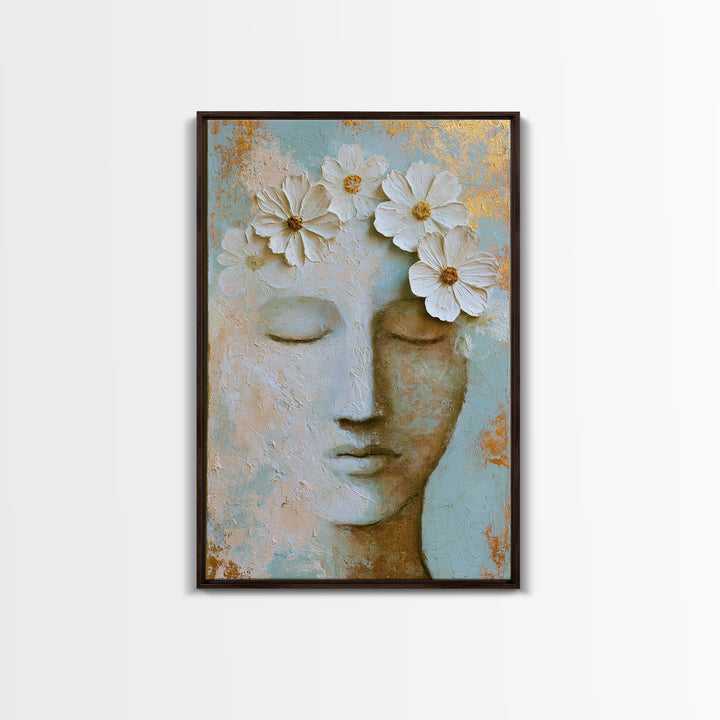 Minimal Face with Closed Eyes and Flowers Framed Canvas Print, Spa Art, Art Print, Spa Decor, Watercolor Art, Serenity, SPA-2x3-3