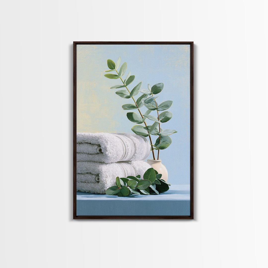 White Towels and Eucalyptus Without Room Context Framed Canvas Print, Spa Art, Spa Decor, Abstract Art, Serenity, SPA-2x3-56
