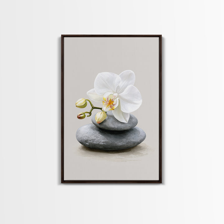 White Orchid on Smooth Gray Stone Canvas Print, Spa Art, Abstract, Spa Decor, Fine Art, Serenity, City Art, Spa Wall Art, SPA-2x3-58