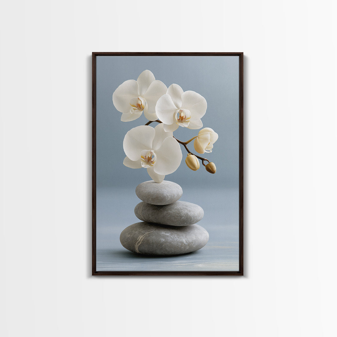 White Orchid on Smooth Gray Stone Canvas Print, Spa Art, Abstract, Spa Decor, Fine Art, Serenity, City Art, Spa Wall Art, SPA-2x3-82