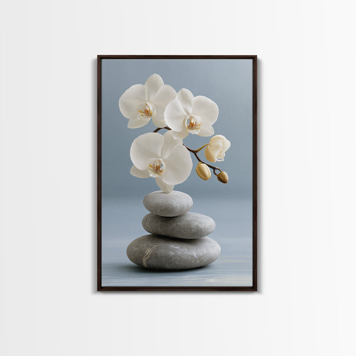 White Orchid on Smooth Gray Stone Canvas Print, Spa Art, Abstract, Spa Decor, Fine Art, Serenity, City Art, Spa Wall Art, SPA-2x3-82