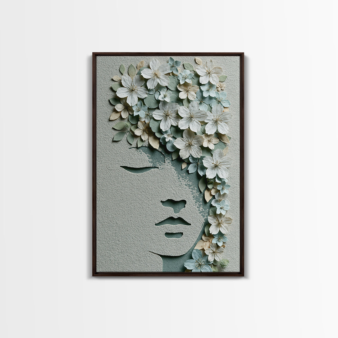 Minimal Face with Closed Eyes and Flowers Canvas Print, Spa Art, Spa Wall Art, Spa Decor, Watercolor Art, Serenity, SPA-2x3-99