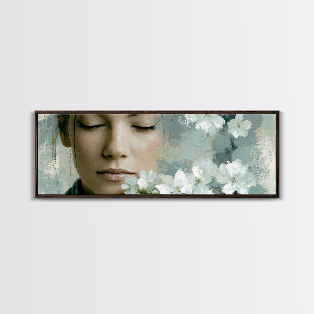 Minimal Face with Closed Eyes and Flowers Canvas Print, Spa Art, Wildlife Wall Art, Spa Decor, Serenity, Minimalist Decor, SPA-3x1-11