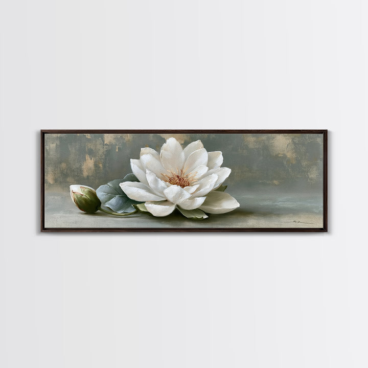 Single White Flower on Linen Ground Canvas Print, Spa Art, Salon Decor, Spa Decor, Oil Painting, Serenity, Statement Artwork, SPA-3x1-33