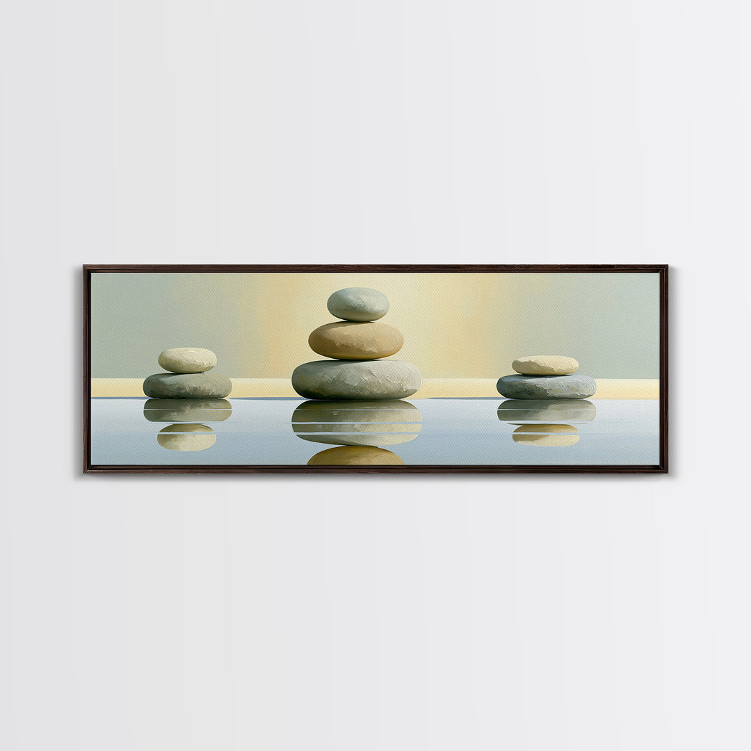 Stacked Stones Beside Calm Water Canvas Print, Spa Art, Wildlife Wall Art, Spa Decor, Watercolor Art, Serenity, SPA-3x1-41