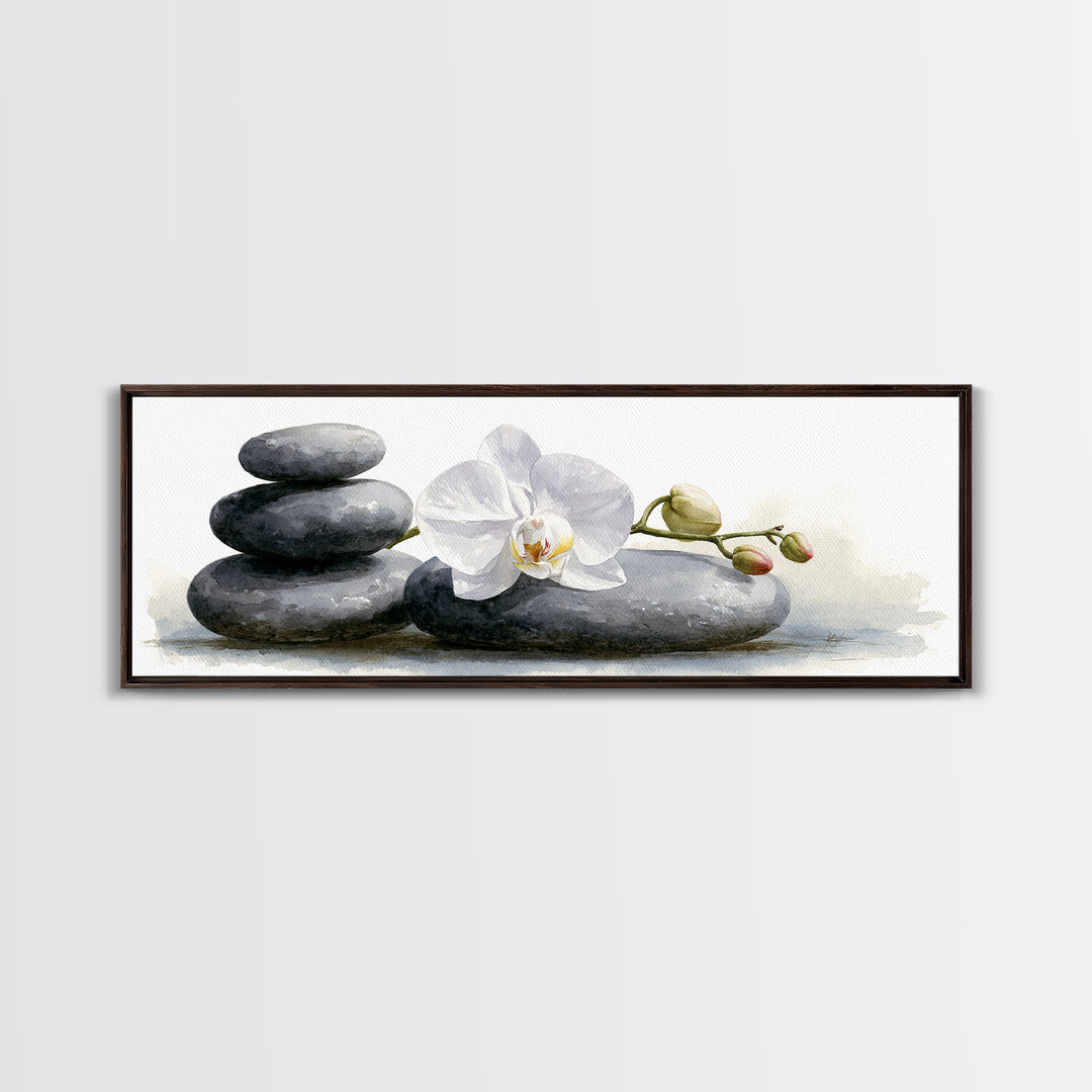 White Orchid on Smooth Gray Stone Canvas Print, Spa Art, Modern Home Decor, Spa Decor, Fine Art, Serenity, Neutral Decor, SPA-3x1-42