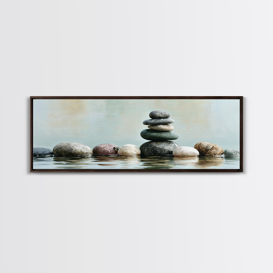 Stacked Stones Beside Calm Water Canvas Print, Spa Art, Wildlife Wall Art, Spa Decor, Watercolor Art, Serenity, SPA-3x1-65