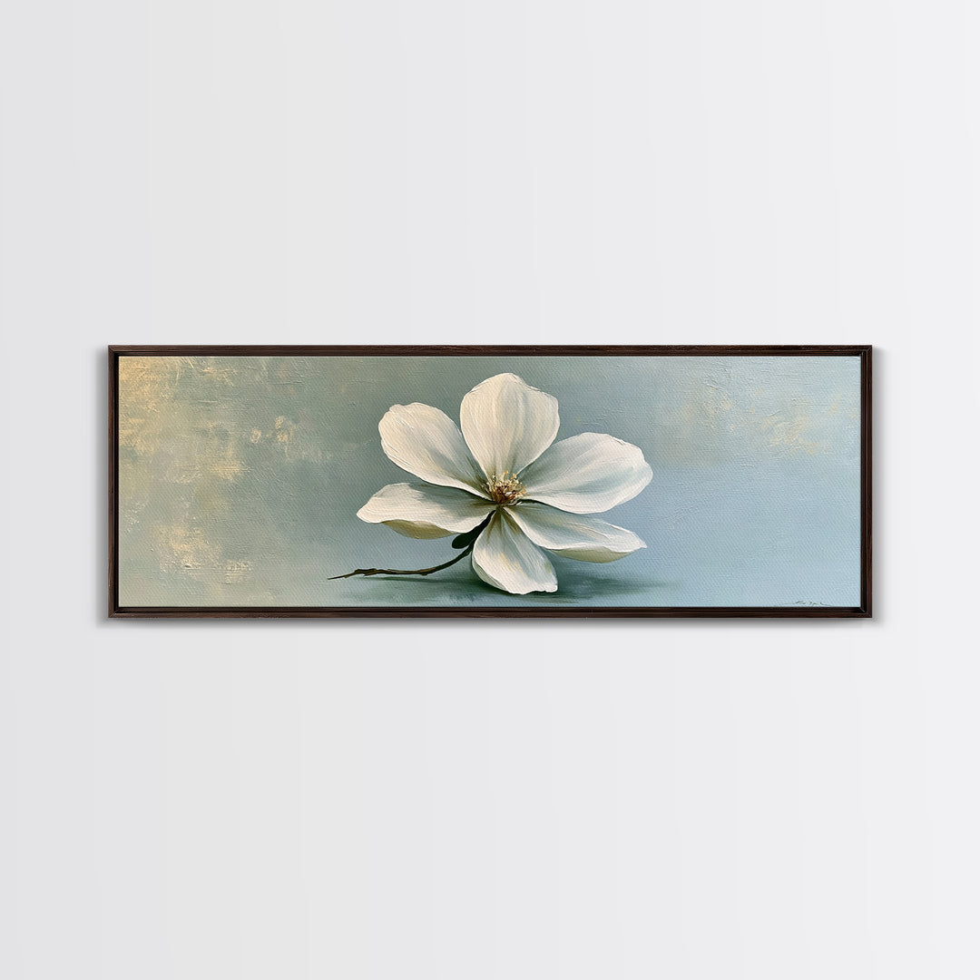 Single White Flower on Linen Ground Framed Canvas Print, Spa Art, Tarot Card Art, Spa Decor, Watercolor Art, Serenity, SPA-3x1-81