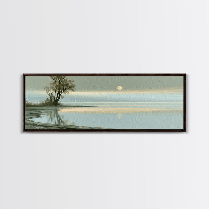 Moonlit Lake Reflection Framed Canvas Print, Spa Art, Abstract, Spa Decor, Watercolor Art, Serenity, City Art, Spa Wall Art, SPA-3x1-87