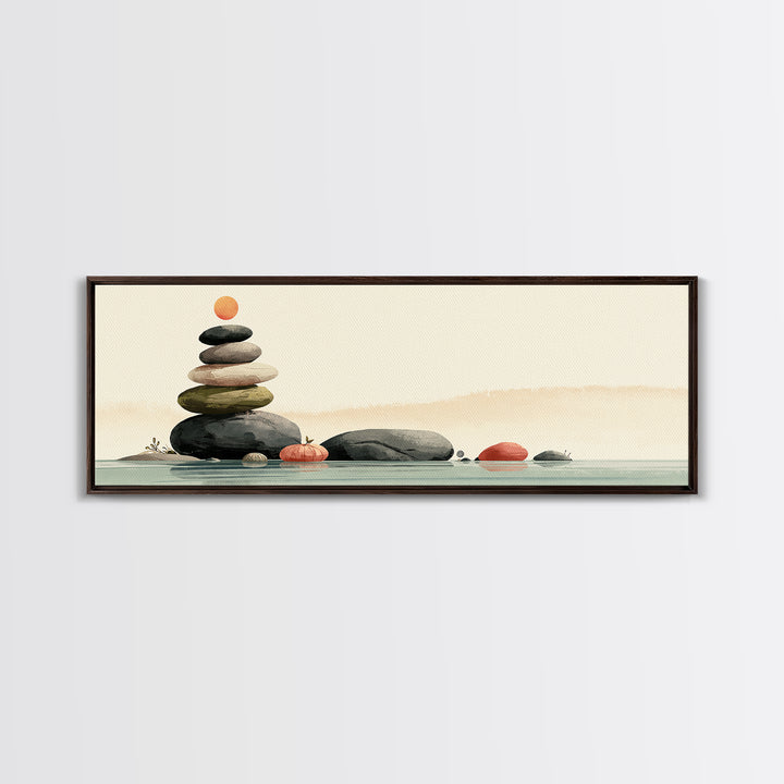 Stacked Stones Beside Calm Water Framed Canvas Print, Spa Art, Boho Decor, Spa Decor, Oil Painting, Serenity, Printable Art, SPA-3x1-89