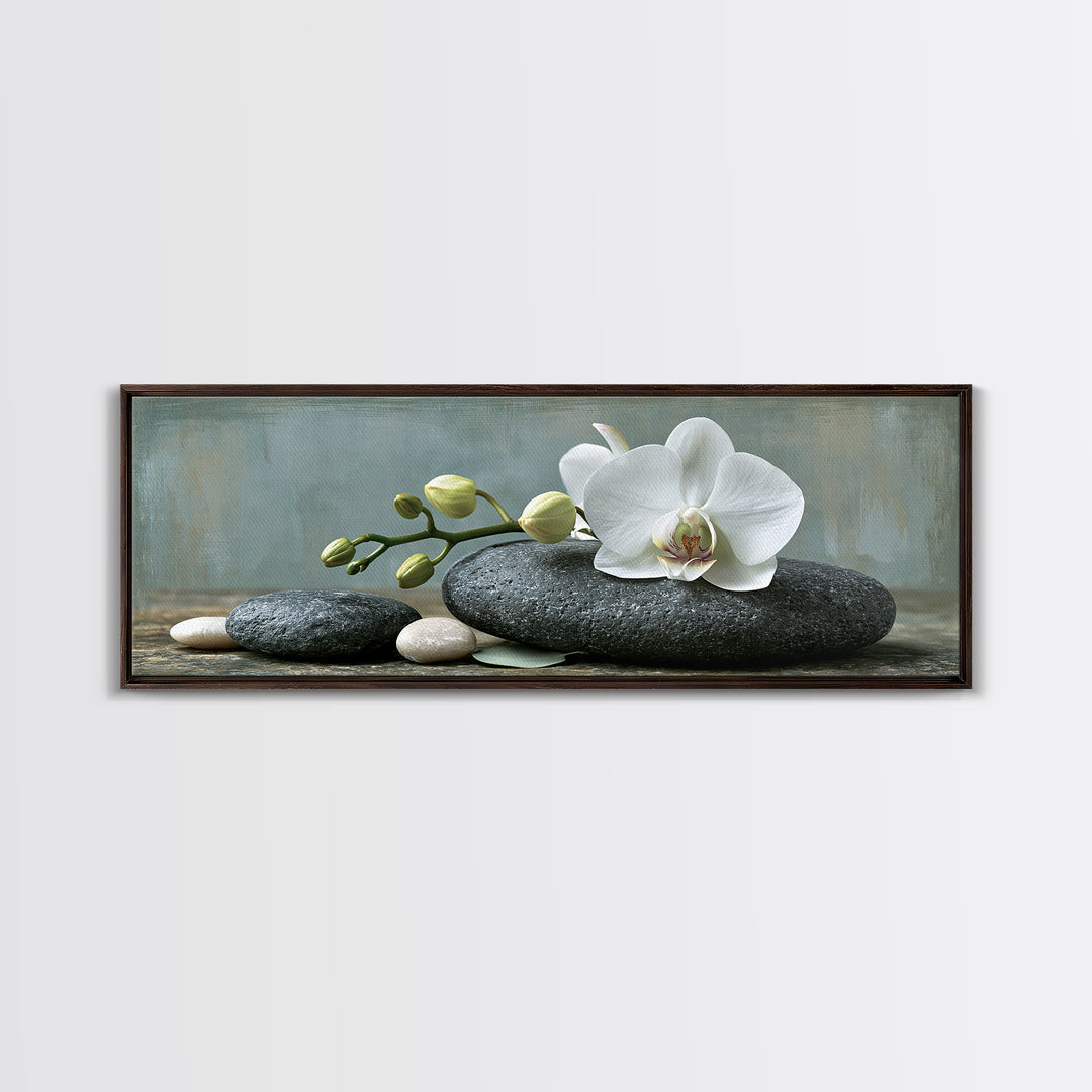 White Orchid on Smooth Gray Stone Framed Canvas Print, Spa Art, Teen Girl Room Decor, Spa Decor, Serenity, Luxury Decor, SPA-3x1-90