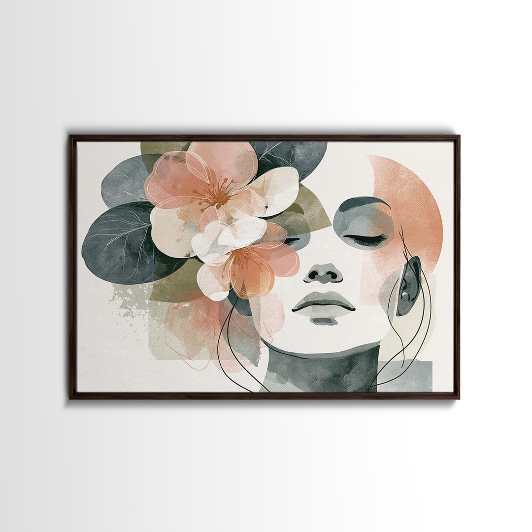 Minimal Face with Closed Eyes and Flowers Framed Canvas Print, Spa Art, Esthetician Decor, Spa Decor, Oil Painting, Serenity, SPA-3x2-23