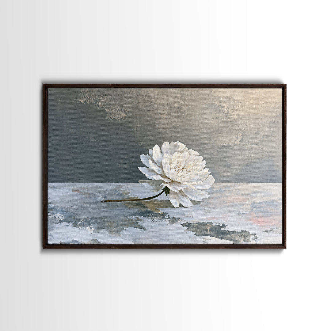 Single White Flower on Linen Ground Framed Canvas Print, Spa Art, Gallery Decor, Spa Decor, Fine Art, Serenity, Wall Art, SPA-3x2-45