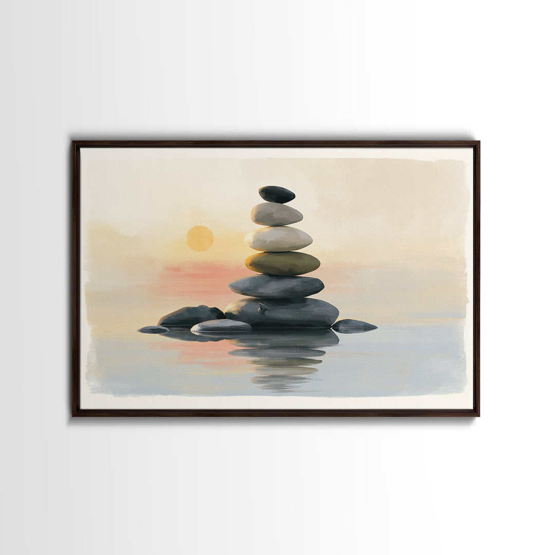 Stacked Stones Beside Calm Water Framed Canvas Print, Spa Art, Esthetician Decor, Spa Decor, Fine Art, Serenity, Room Decor, SPA-3x2-5