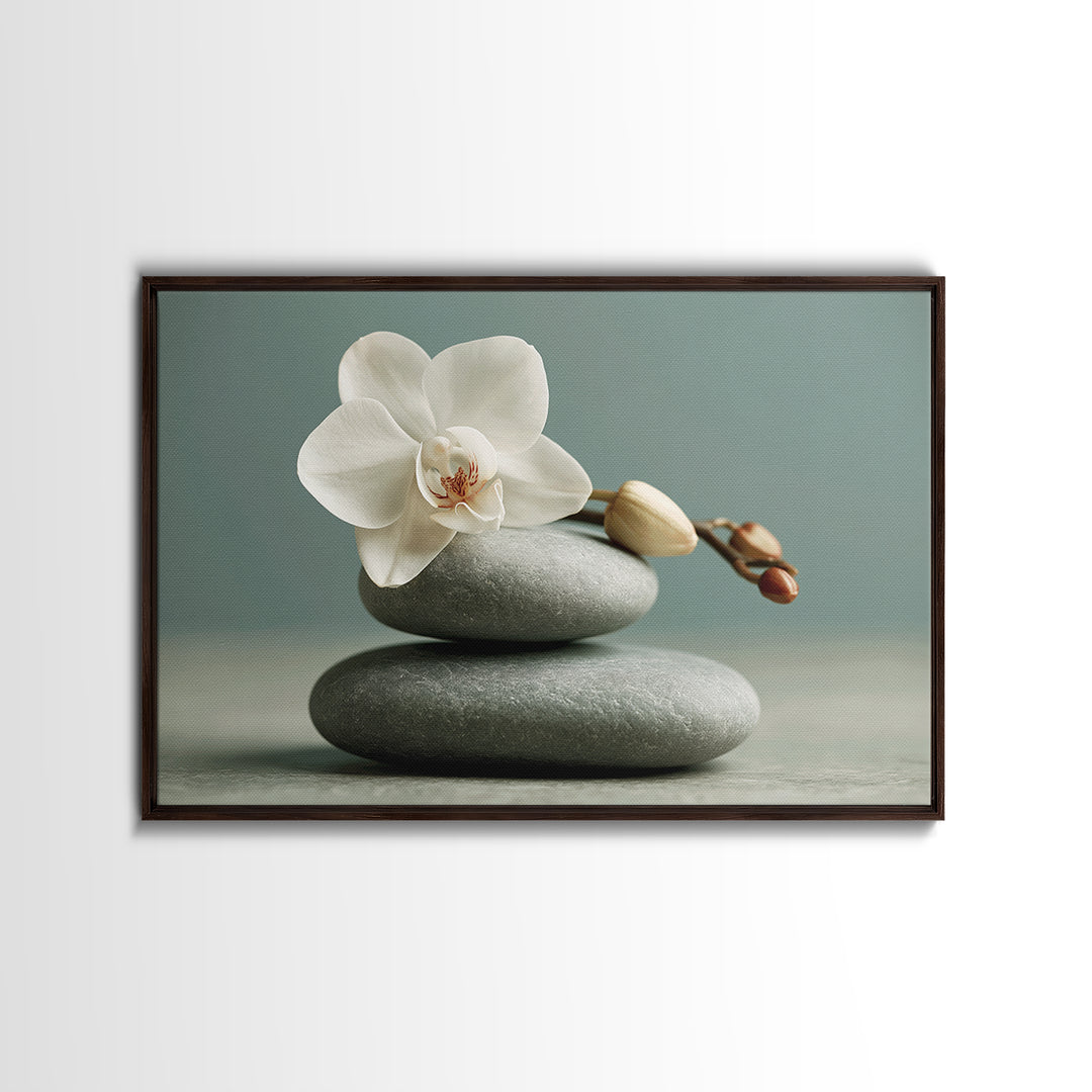 White Orchid on Smooth Gray Stone Framed Canvas Print, Spa Art, Feminine Wall Art, Spa Decor, Serenity, Hair Salon Wall Art, SPA-3x2-6