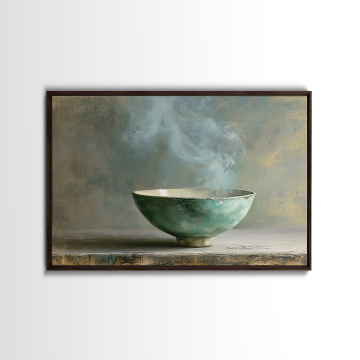 Tea Bowl and Steam Still Life Framed Canvas Print, Spa Art, Dog Groomer Gifts, Spa Decor, Oil Painting, Serenity, SPA-3x2-74