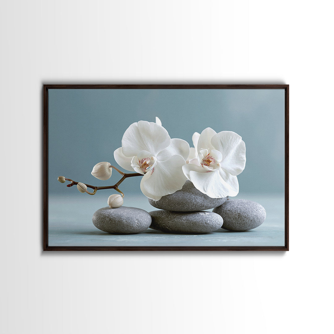 White Orchid on Smooth Gray Stone Framed Canvas Print, Spa Art, Tarot Card Art, Spa Decor, Fine Art, Serenity, SPA-3x2-78