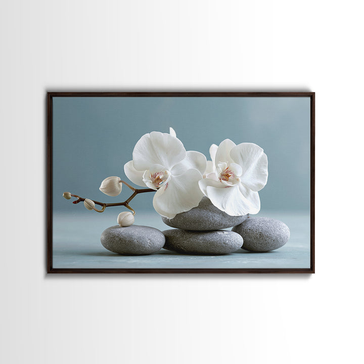 White Orchid on Smooth Gray Stone Framed Canvas Print, Spa Art, Tarot Card Art, Spa Decor, Fine Art, Serenity, SPA-3x2-78