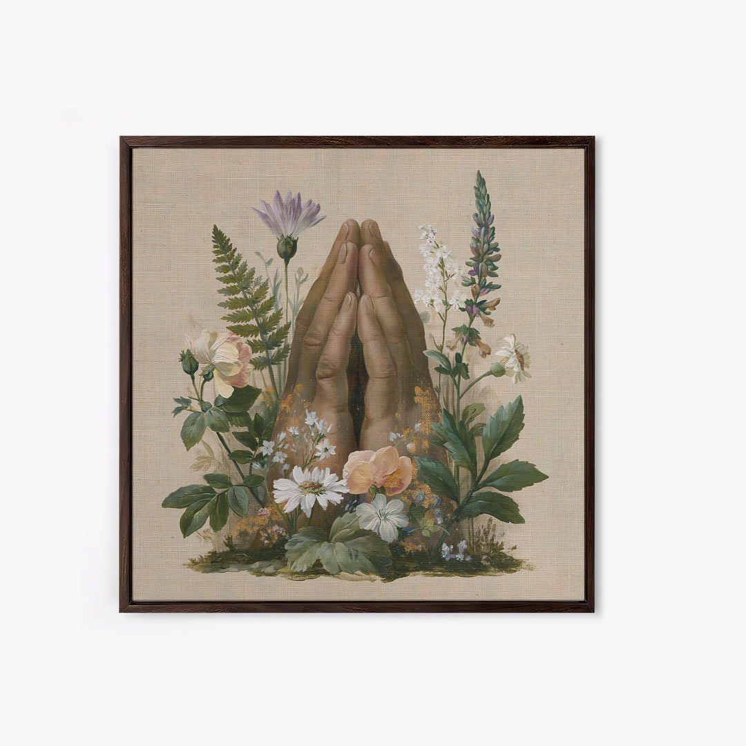 Prayer Hands with Botanical Details Framed Canvas Print, Spiritual Art, Printable Wall Art, Living Room Decor, Fine Art, Spirit, SPI-1x1-33