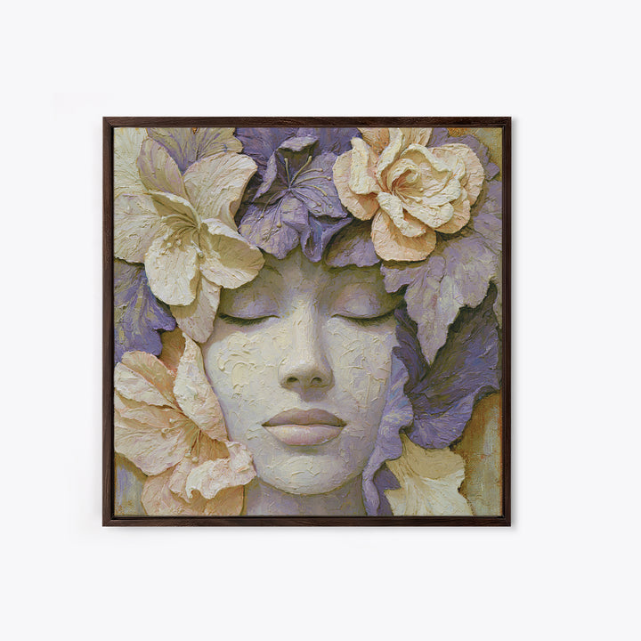 Serene Face with Closed Eyes and Flowers Canvas Print, Spiritual Art, Digital Art, Living Room Decor, Watercolor Art, Spirit, SPI-1x1-36