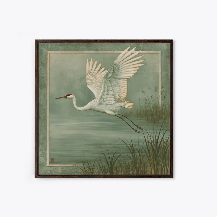 White Crane Flying Framed Canvas Print, Spiritual Art, Room Decor, Living Room Decor, Oil Painting, Spirit, Digital Print, SPI-1x1-48