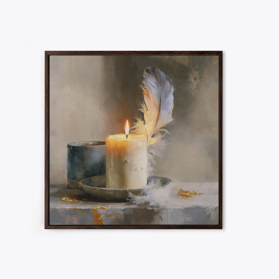 Candle and Feather Still Life Framed Canvas Print, Spiritual Art, Minimalist Wall Art, Living Room Decor, Fine Art, Spirit, SPI-1x1-68