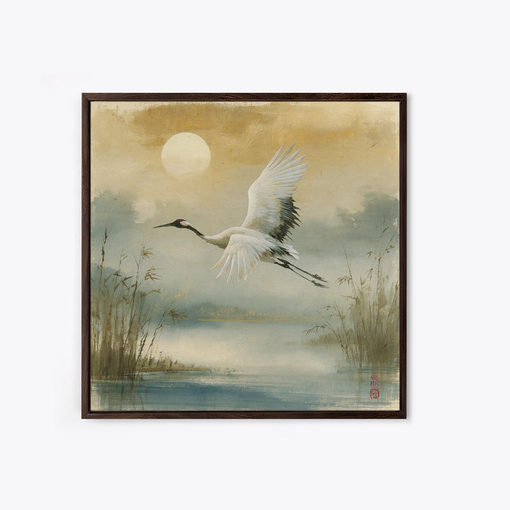 White Crane Flying Framed Canvas Print, Spiritual Art, Contemporary Art, Living Room Decor, Fine Art, Spirit, Minimalist Decor, SPI-1x1-72
