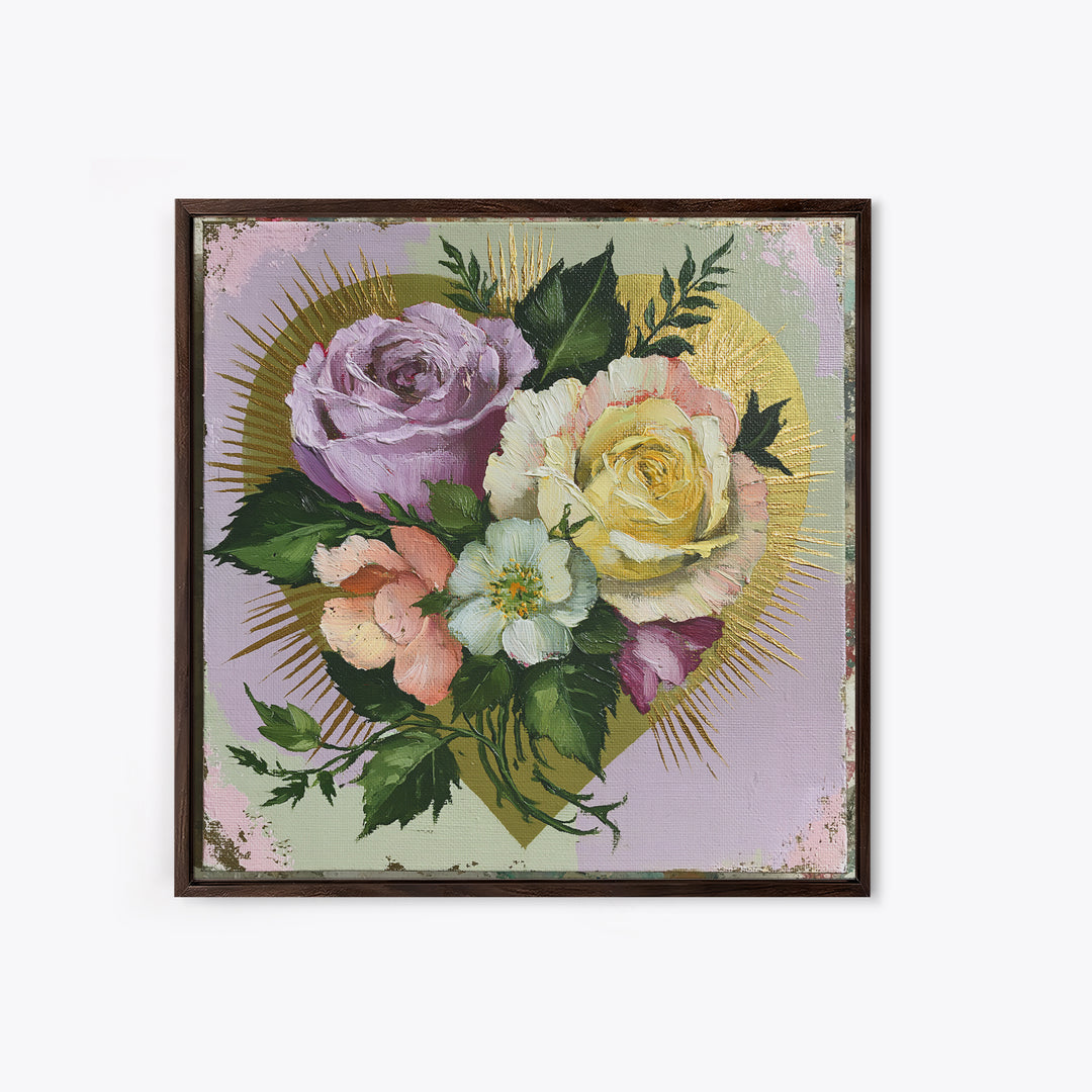 Sacred Heart with Roses and Gold Rays Canvas Print, Spiritual Art, Art, Living Room Decor, Fine Art, Spirit, Canvas Wall Art, SPI-1x1-86