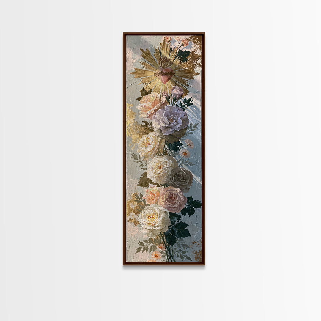 Sacred Heart with Roses and Gold Rays Canvas Print, Spiritual Art, Luxury Decor, Living Room Decor, Fine Art, Spirit, SPI-1x3-2